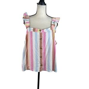 J. Crew Pastel Stripes Linen Blend Ruffle Strap Button Front Top 2X